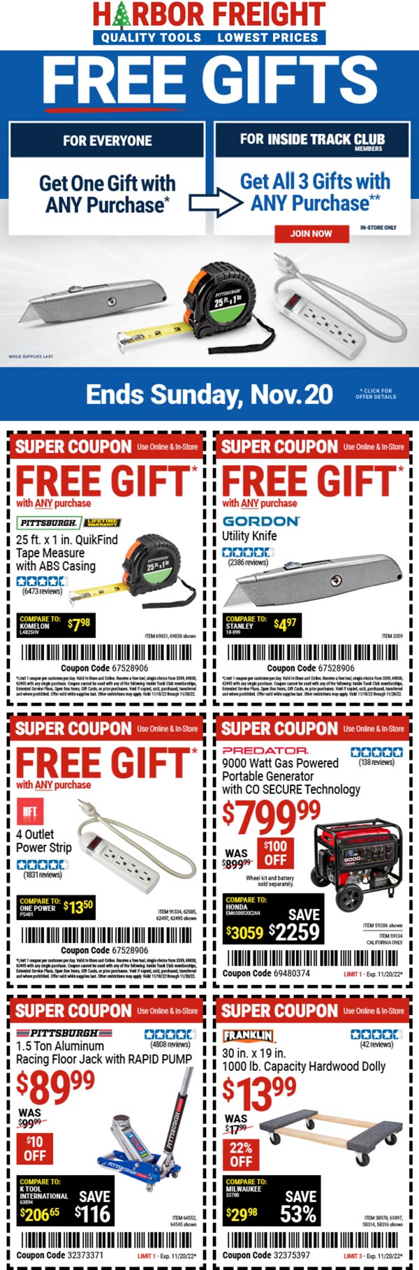 Harbor Freight restaurants Coupon  Free gifts with your order today at Harbor Freight Tools, ditto online #harborfreight 