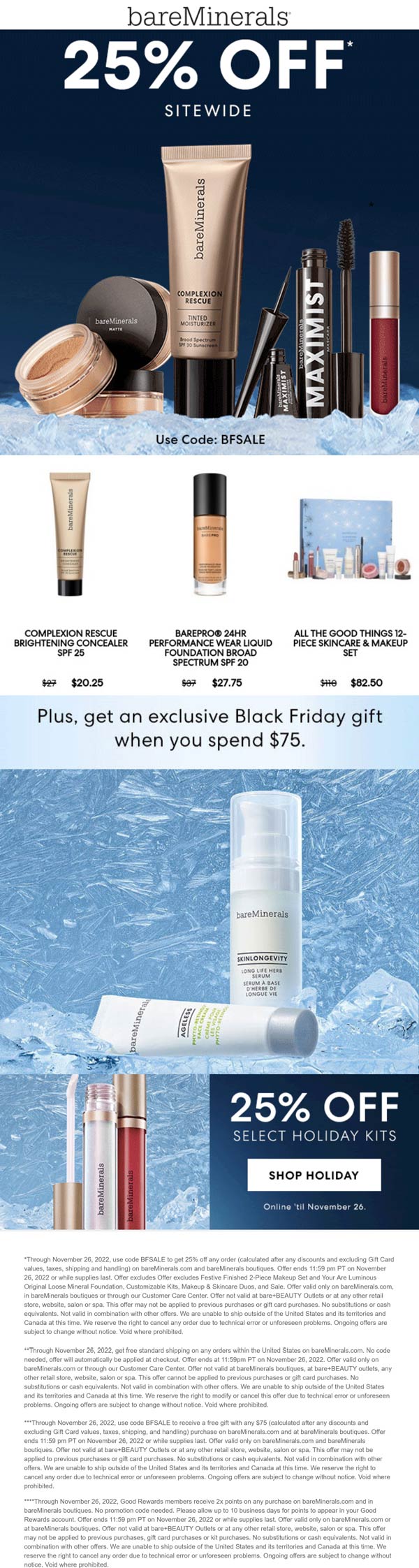 bareMinerals stores Coupon  25% off everything at bareMinerals, or online via promo code BFSALE #bareminerals 