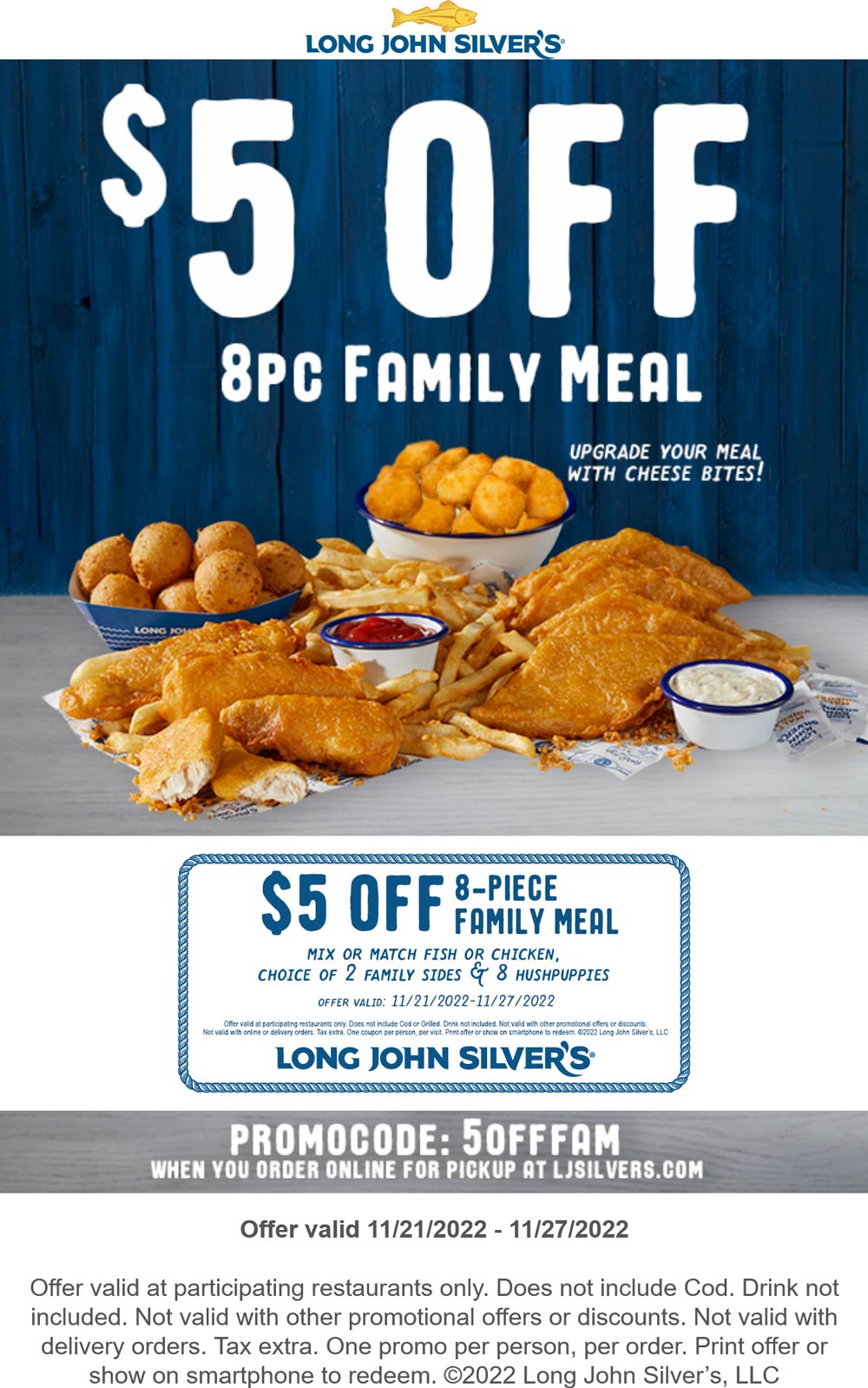 Long John Silvers restaurants Coupon  $5 off 8pc meal at Long John Silvers, or online via promo code 5OFFFAM #longjohnsilvers 