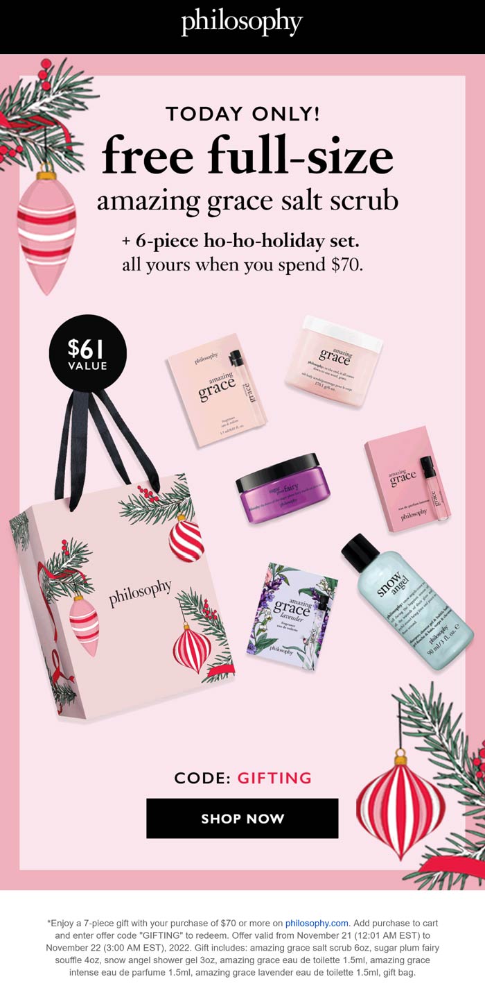 Philosophy stores Coupon  Free 7pc on $70 at Philosophy today via promo code GIFTING #philosophy 