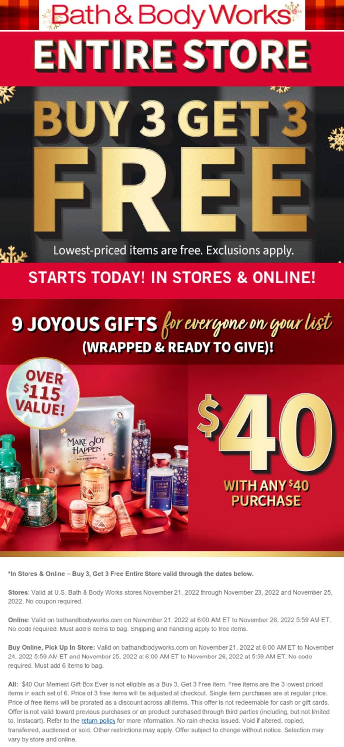 Bath & Body Works stores Coupon  6-for-3 on everything at Bath & Body Works, ditto online #bathbodyworks 
