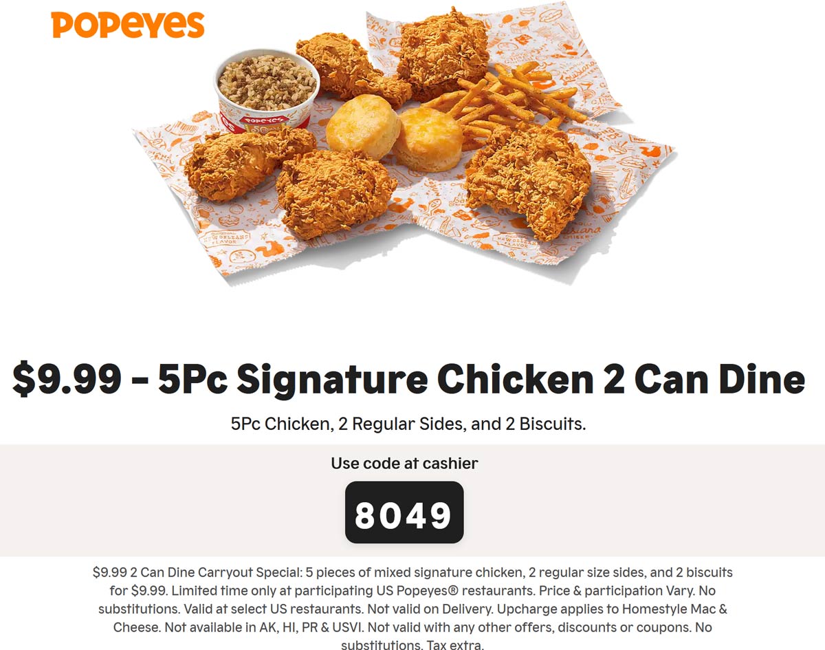 Popeyes restaurants Coupon  5pc chicken + 2 sides + 2 biscuits = $10 at Popeyes #popeyes 