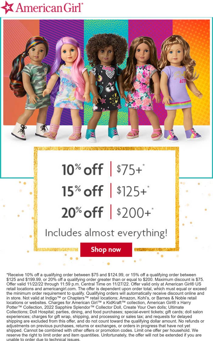 American Girl stores Coupon  10-20% off $75+ at American Girl, ditto online #americangirl 
