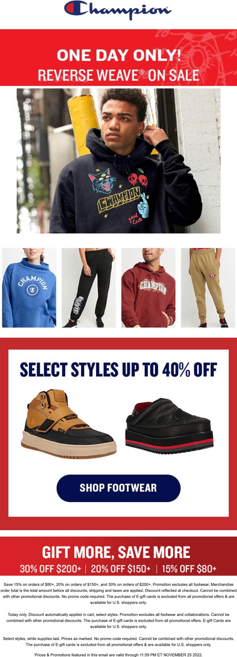 Champion stores Coupon  15-30% off $80+ today at Champion #champion 