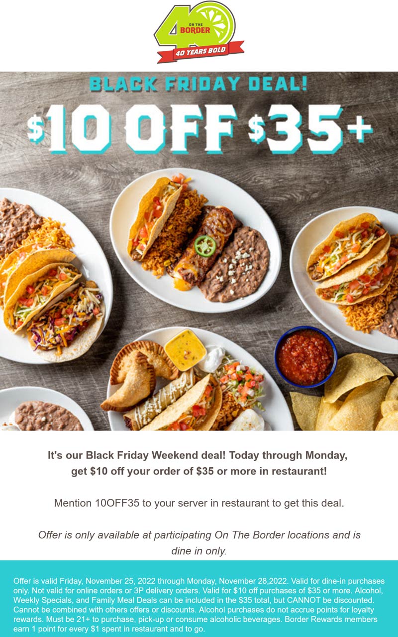 On The Border restaurants Coupon  $10 off $35 at On The Border restaurants #ontheborder 