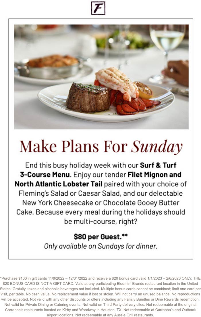 Flemings restaurants Coupon  3-course filet mignon & lobster tail = $80 Sunday at Flemings steakhouse #flemings 