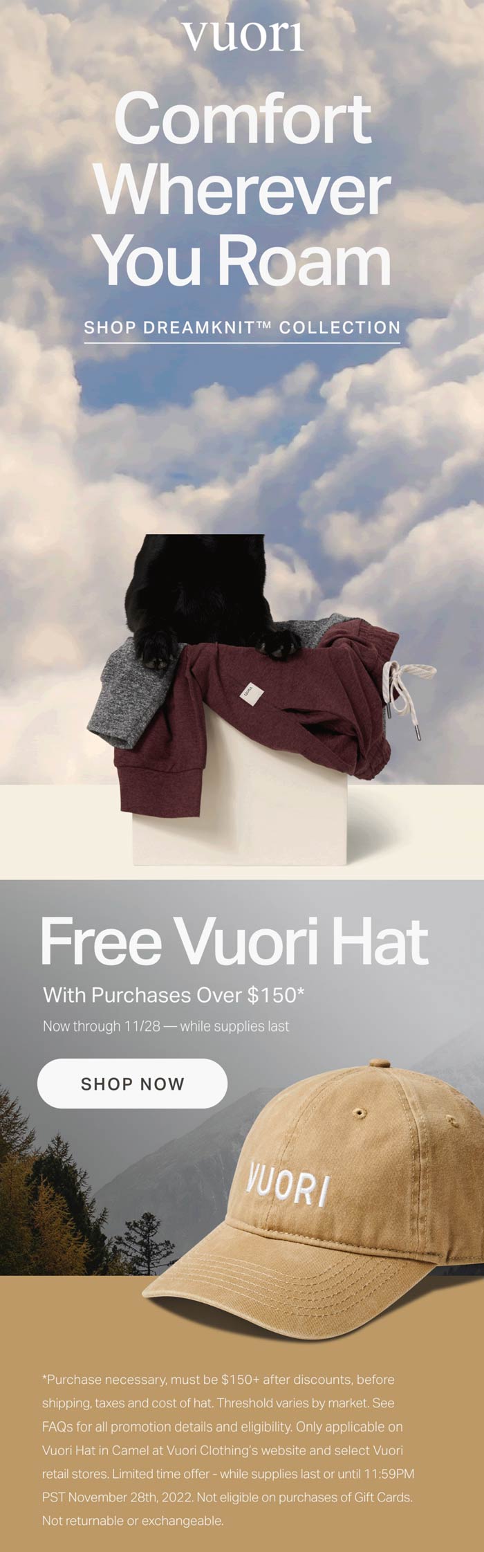 Vuori stores Coupon  Free logo hat on $150 at Vuori #vuori 