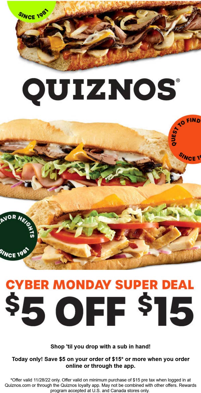 Quiznos restaurants Coupon  $5 off $15 online today at Quiznos restaurants #quiznos 