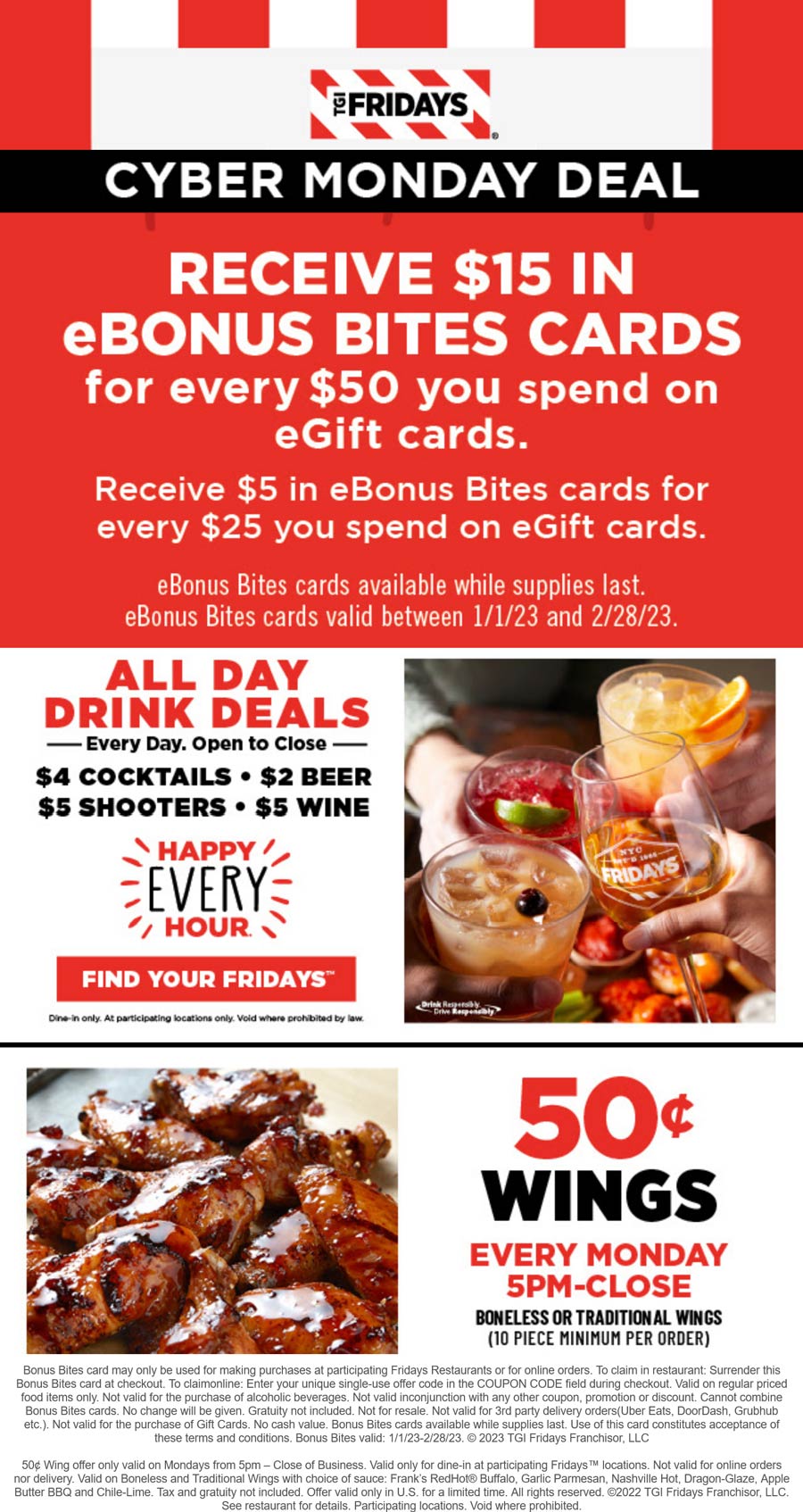 TGI Fridays restaurants Coupon  .50 cent wings today also $15 card free on every $50 ecard at TGI Fridays restaurants #tgifridays 