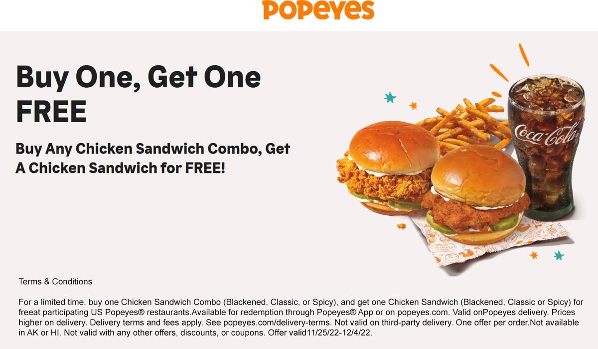 Popeyes restaurants Coupon  Second chicken sandwich free with your combo at Popeyes #popeyes 