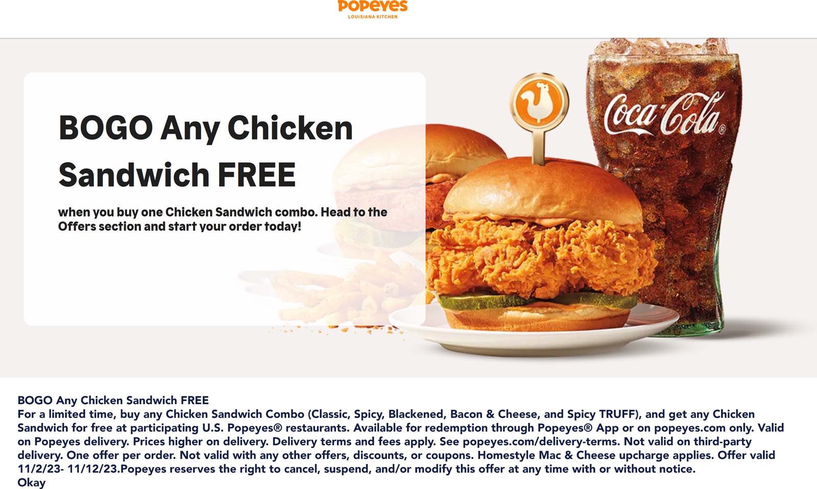 Second chicken sandwich free online at Popeyes popeyes The Coupons App®