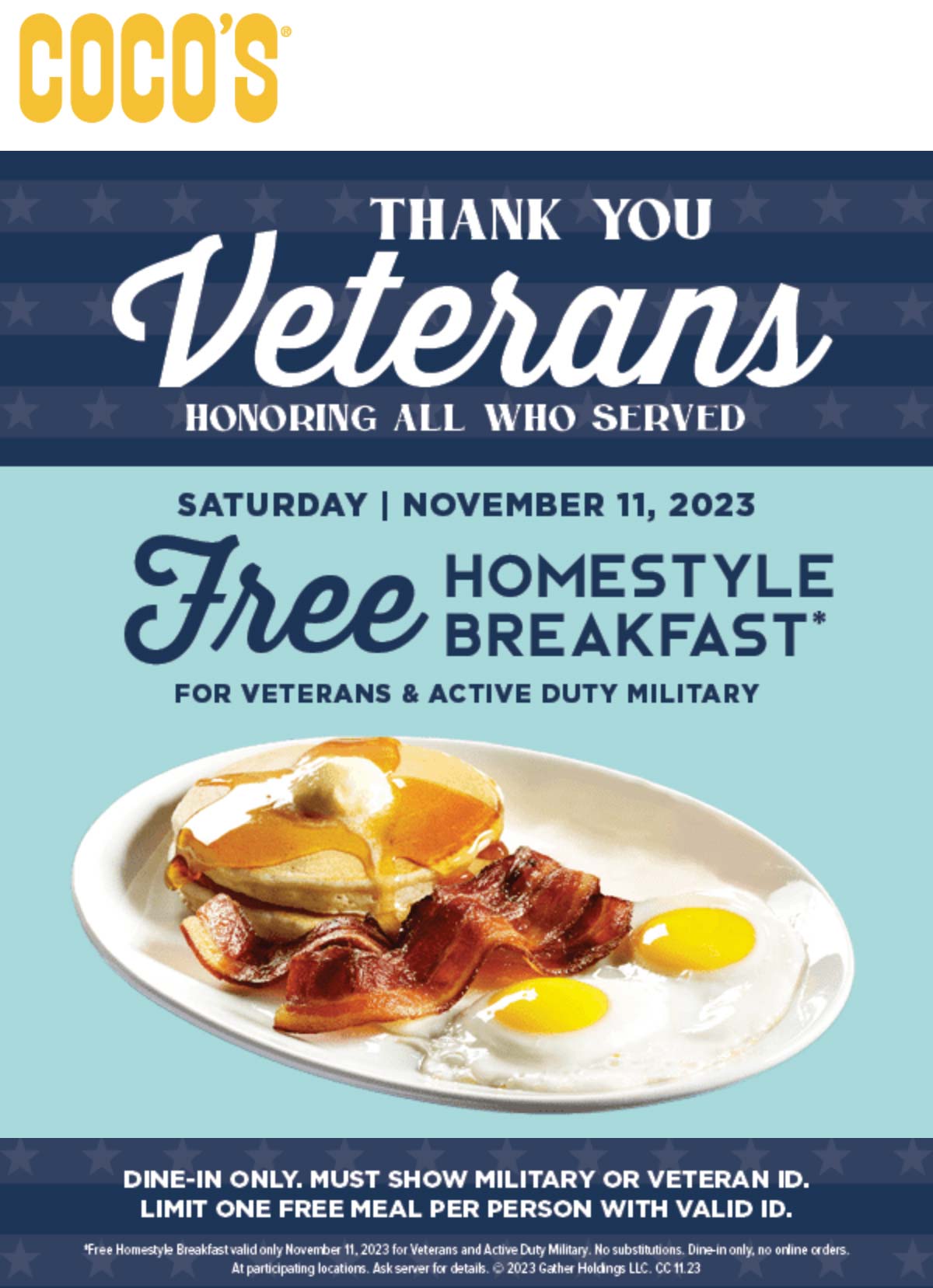 Cocos restaurants Coupon  Veterans enjoy a free homestyle breakfast Saturday at Cocos #cocos 