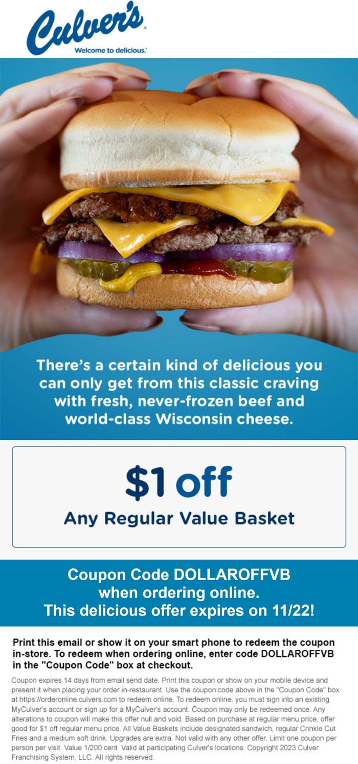 Culvers stores Coupon  $1 off any value basket at Culvers, or online via promo code DOLLAROFFVB  #culvers 