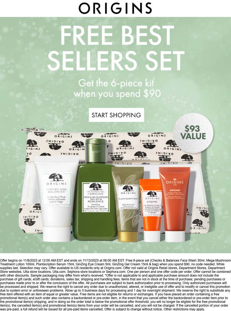 Origins stores Coupon  Free 6pc set on $90 at Origins #origins 