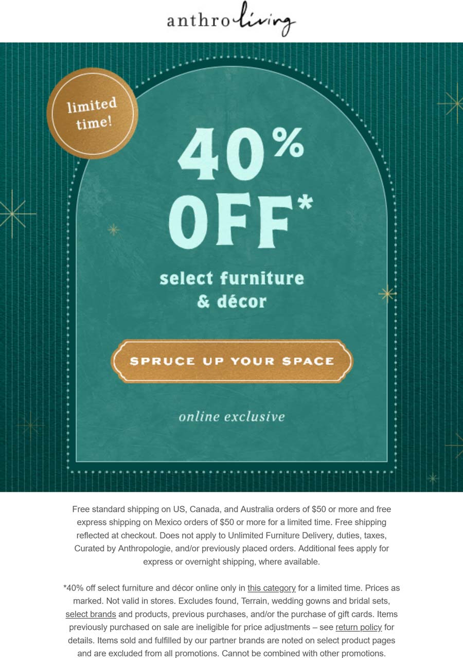 Anthropologie stores Coupon  40% off various furniture & decor online at Anthropologie #anthropologie 