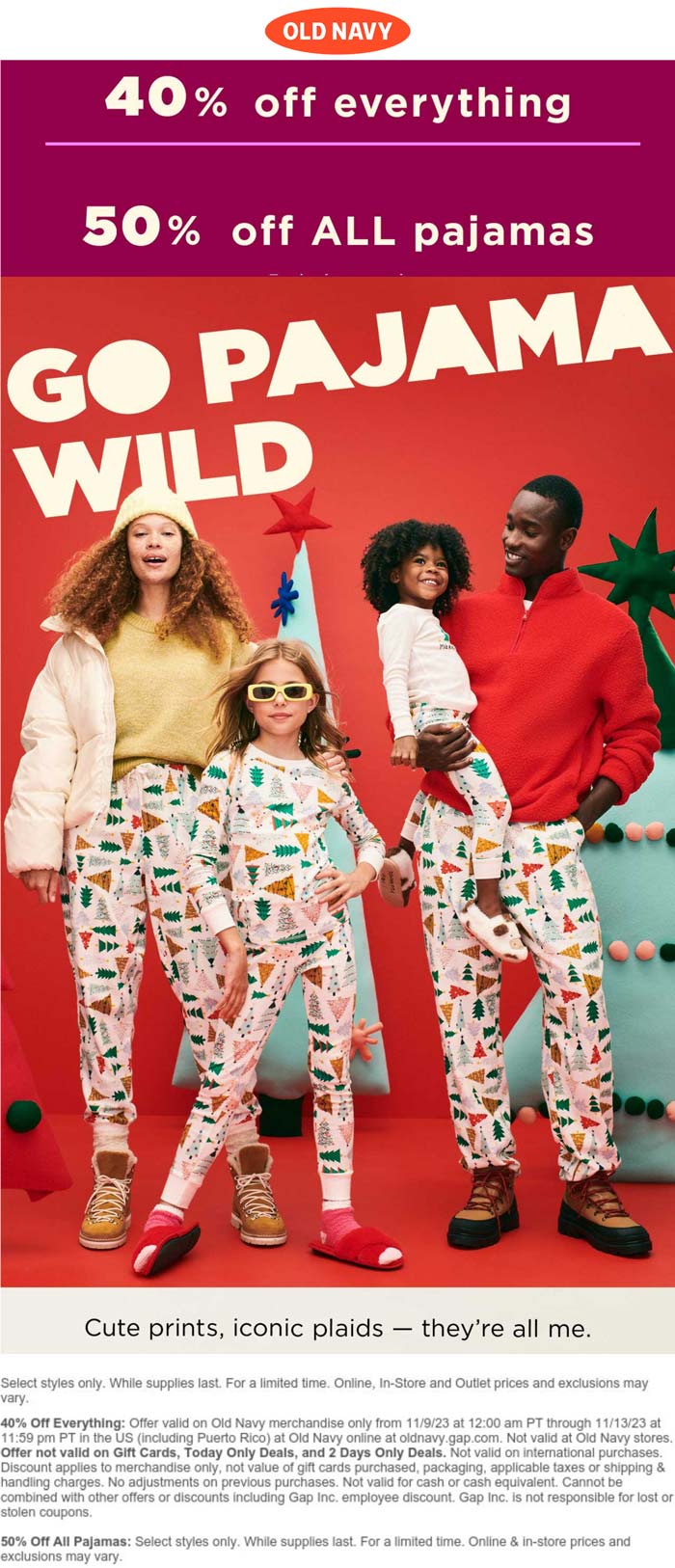 Old Navy stores Coupon  40% off everything & 50% off pajamas online at Old Navy #oldnavy 