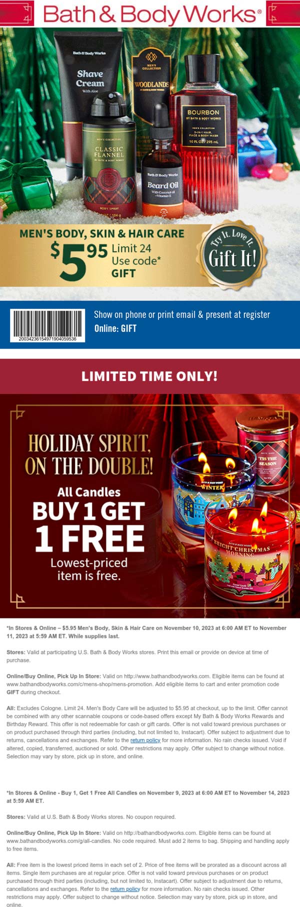 Bath & Body Works stores Coupon  $6 mens body care today at Bath & Body Works, or online via promo code GIFT #bathbodyworks 
