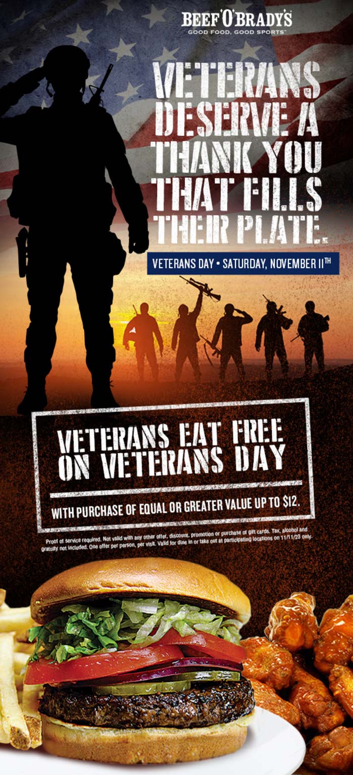 Beef OBradys restaurants Coupon  Veterans eat free Saturday at Beef OBradys, dine in or takeout #beefobradys 