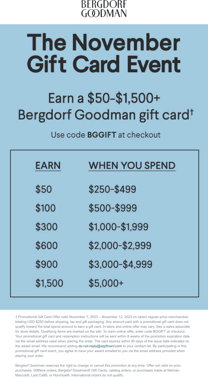 Bergdorf Goodman stores Coupon  $50-$1500 card on $250+ spent at Bergdorf Goodman via promo code BGGIFT #bergdorfgoodman 