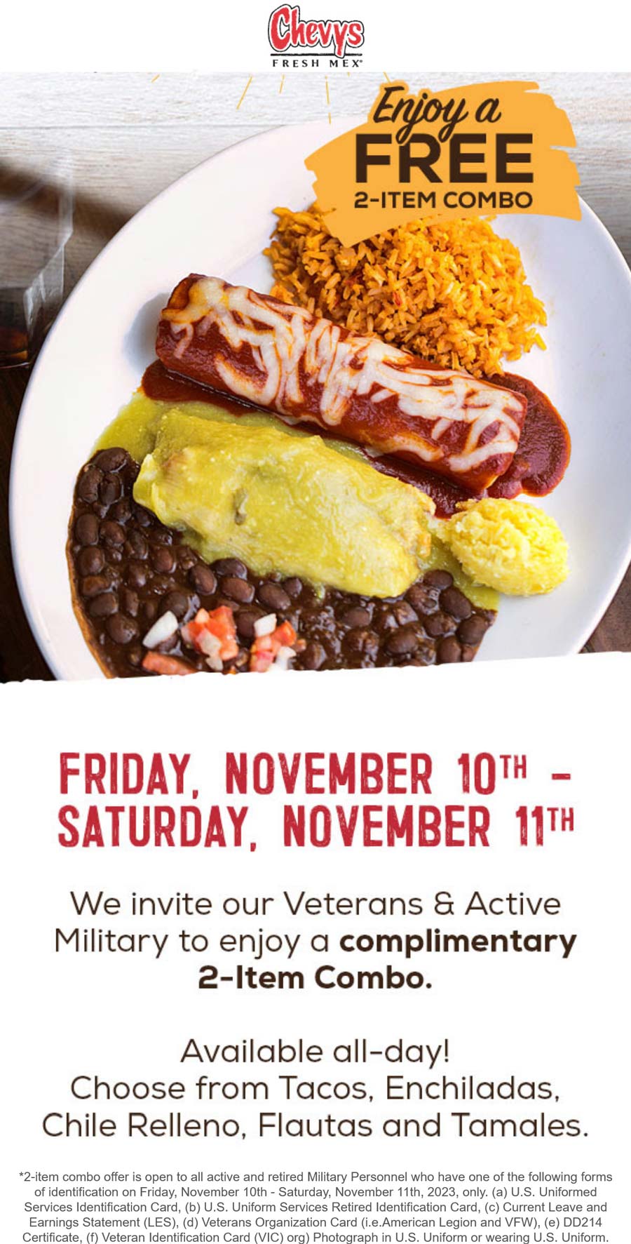 Active & retired military enjoy a free 2-item combo meal thru Saturday at Chevys Fresh Mex #chevys