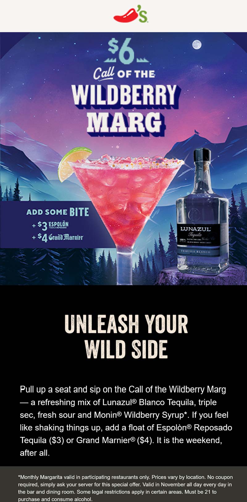 Chilis restaurants Coupon  $6 wildberry margaritas this month at Chilis restaurants #chilis 