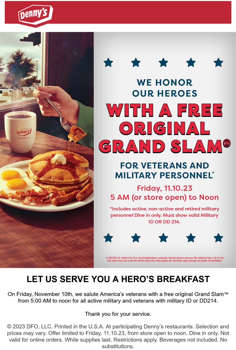 Dennys restaurants Coupon  Veterans enjoy a free grand slam breakfast today at Dennys #dennys 