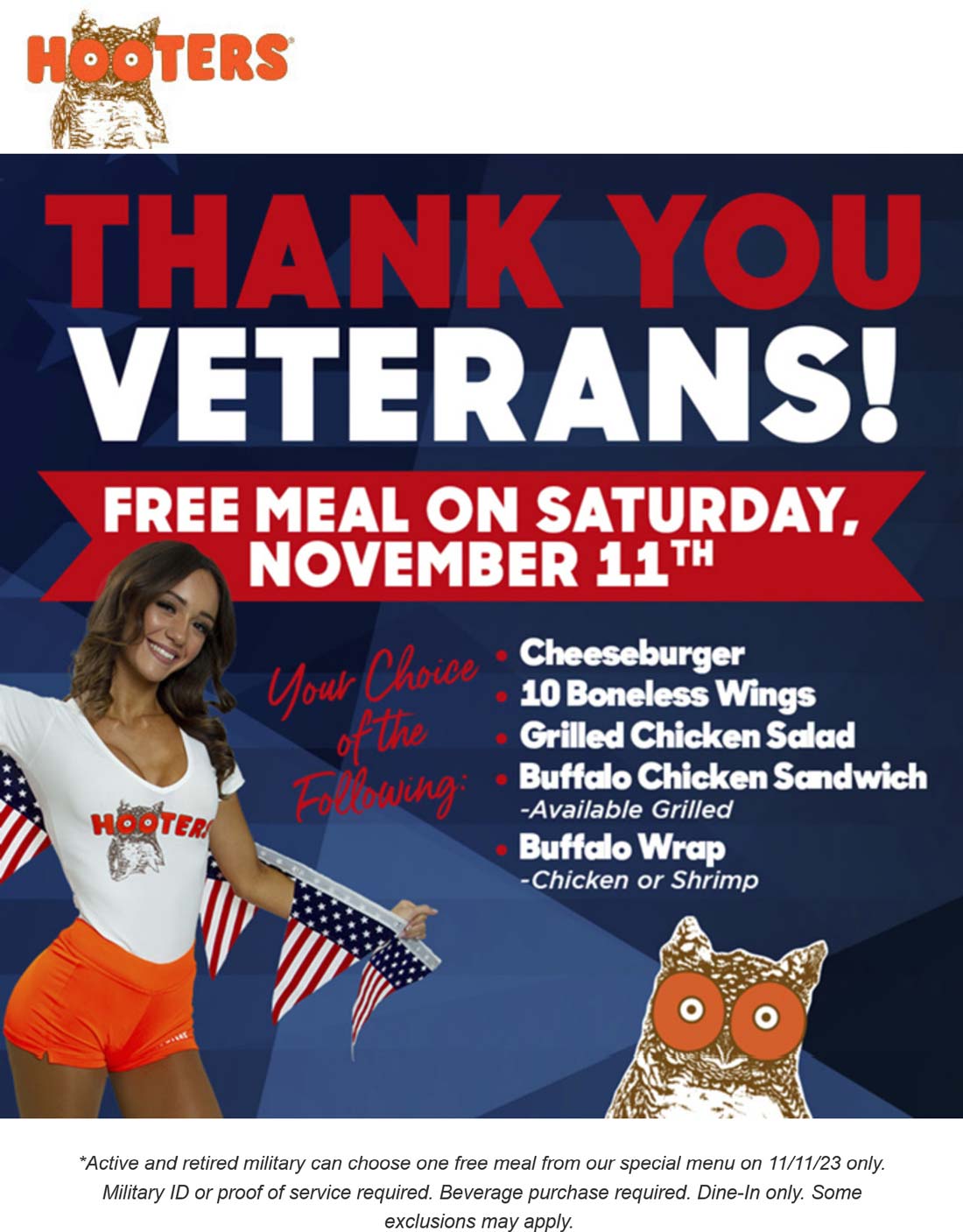 Hooters restaurants Coupon  Veterans & active enjoy a free meal Saturday at Hooters #hooters 