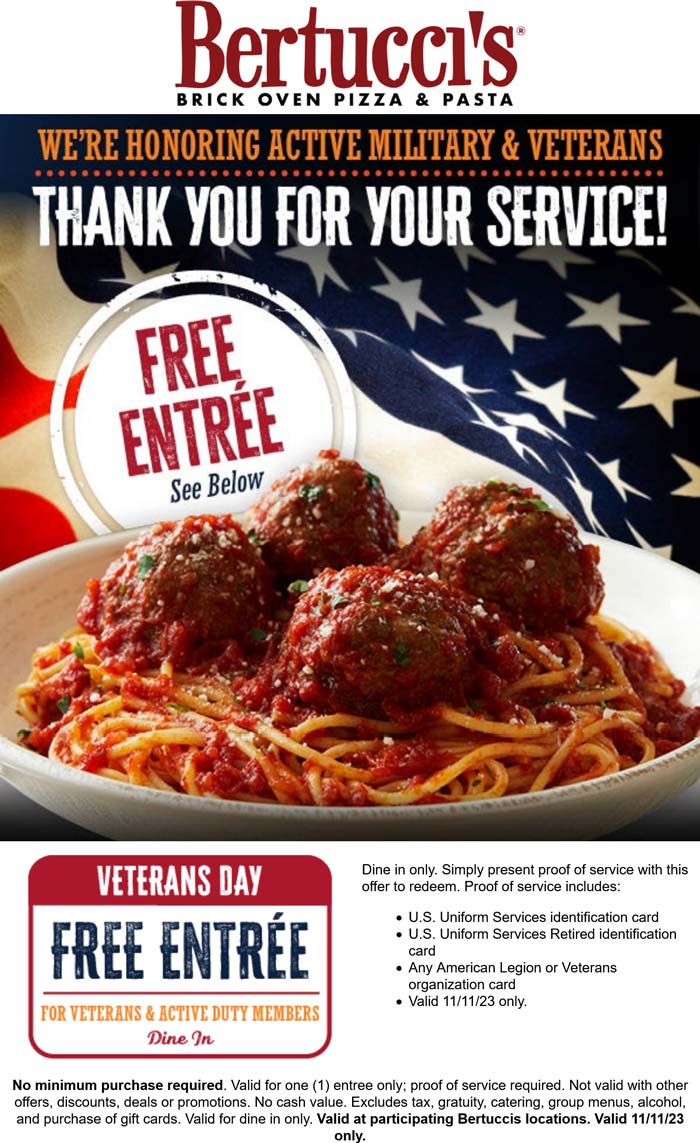 Bertuccis restaurants Coupon  Military enjoy a free entree today at Bertuccis #bertuccis 