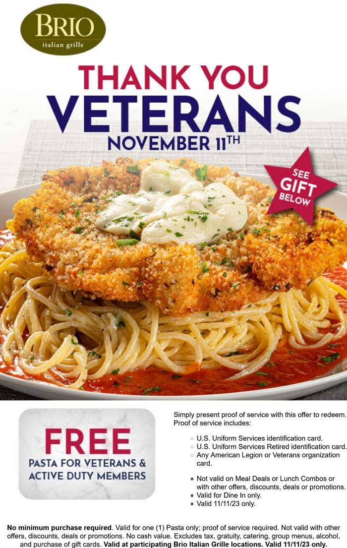 Brio Italian Grille restaurants Coupon  Veterans score free pasta today at Brio Italian Grille restaurants #brioitaliangrille 