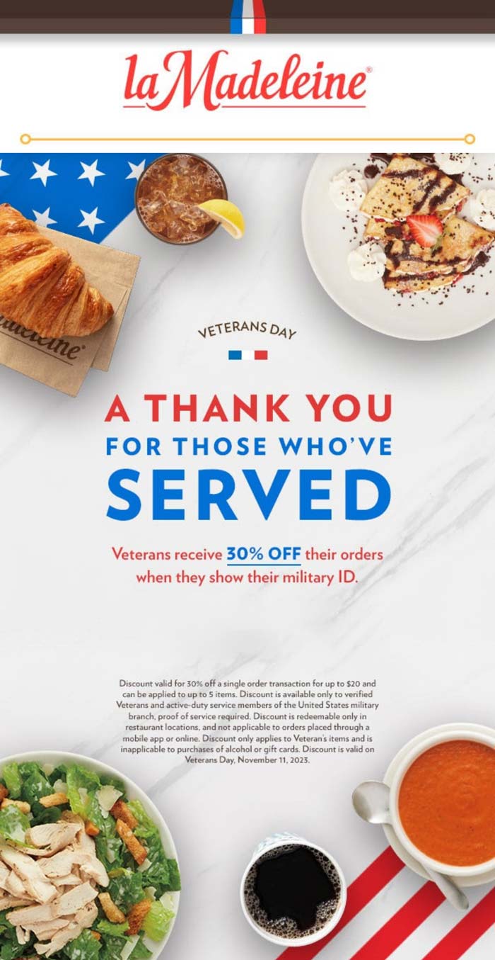 Veterans get 30% off today at la Madeleine restaurants #lamadeleine