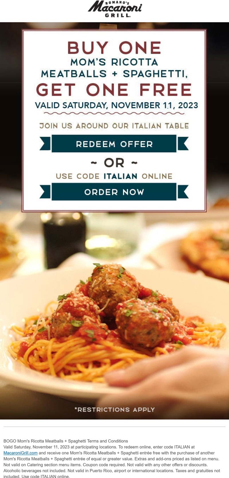 Second spaghetti & meatballs entree free today at Macaroni Grill #macaronigrill