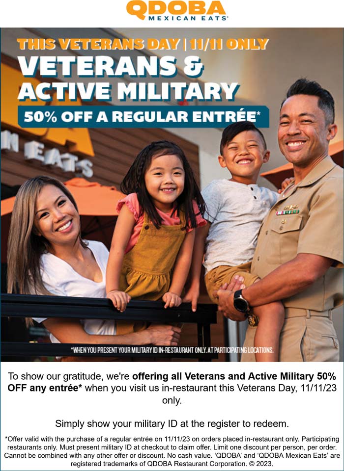 Veterans score 50% off any entree today at Qdoba #qdoba