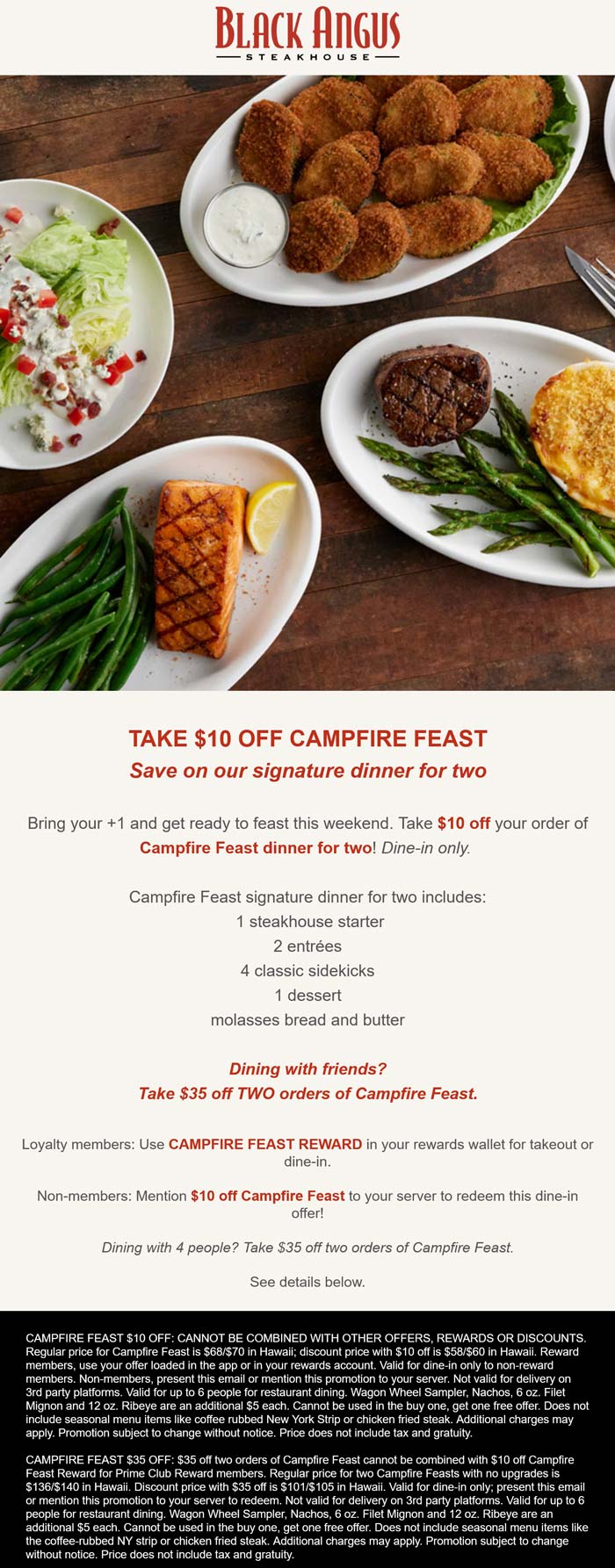 Black Angus restaurants Coupon  $10-$35 off your campfire feast of 2 entrees + starter + 4 sides + dessert at Black Angus steakhouse #blackangus 