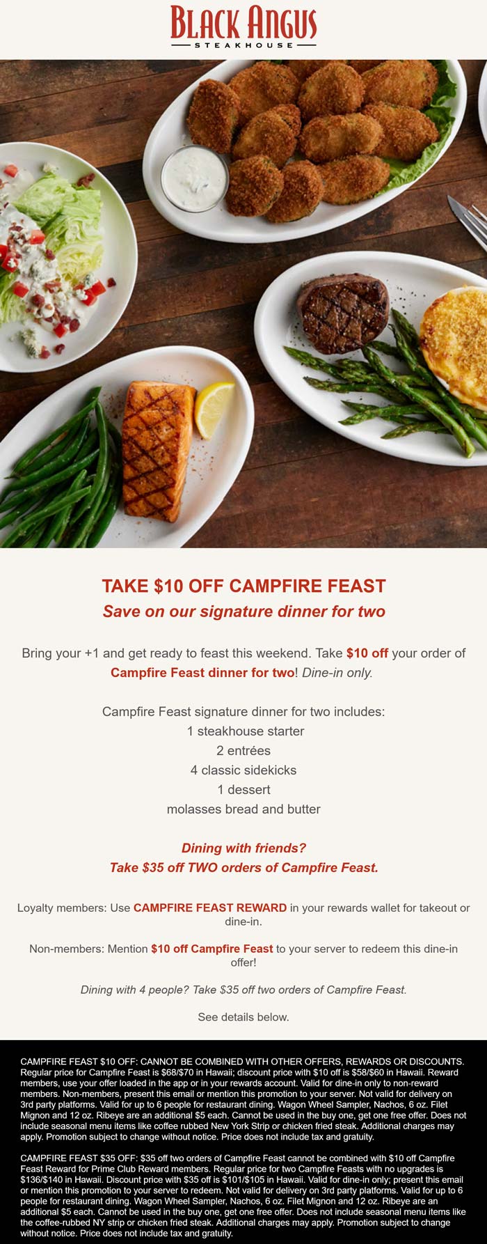 1035 off your campfire feast of 2 entrees + starter + 4 sides + dessert at Black Angus