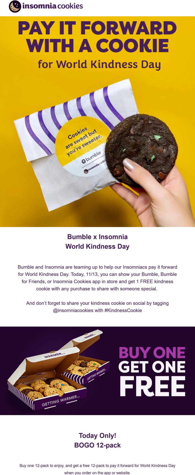 Insomnia Cookies restaurants Coupon  Free cookie with any purchase today & second 12-pack free at Insomnia Cookies #insomniacookies 