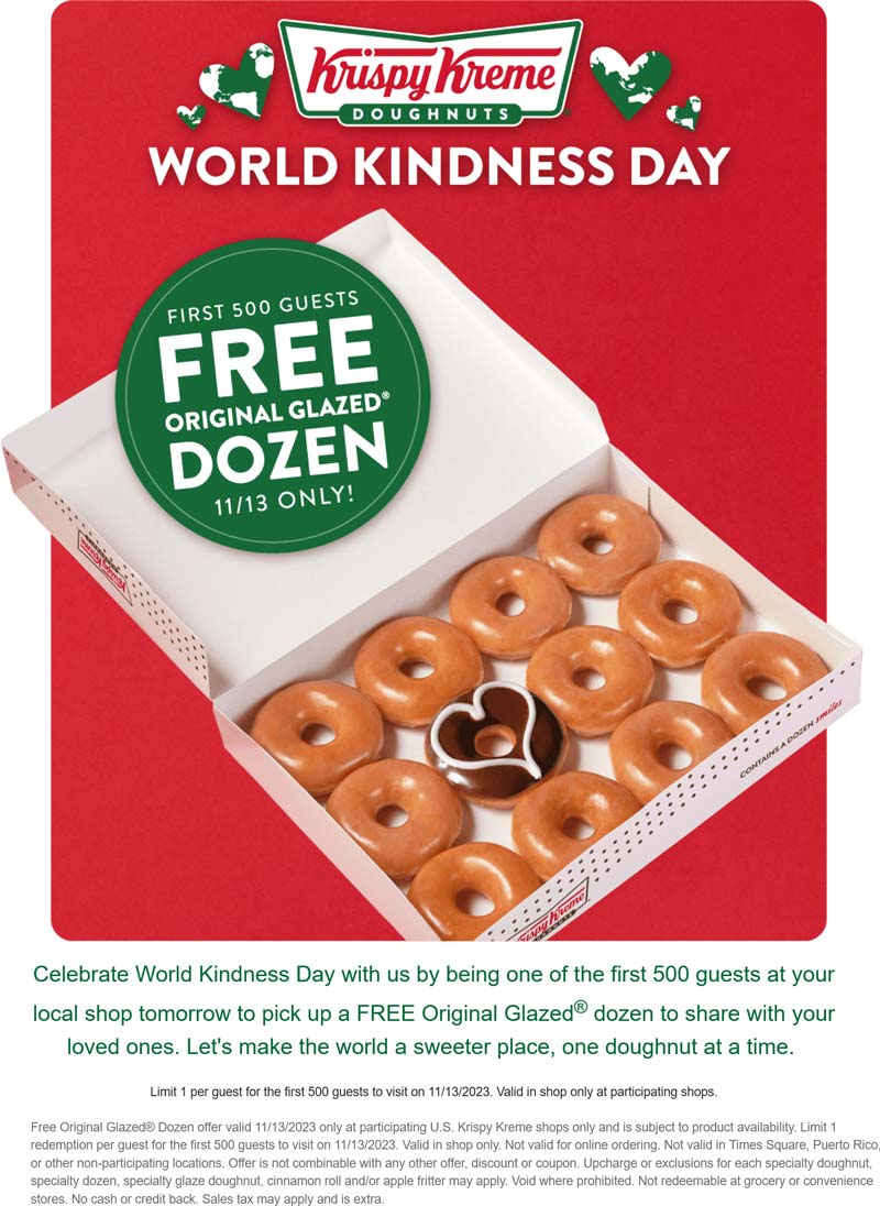 Krispy Kreme restaurants Coupon  First 500 enjoy a free dozen glazed doughnuts today at Krispy Kreme #krispykreme 