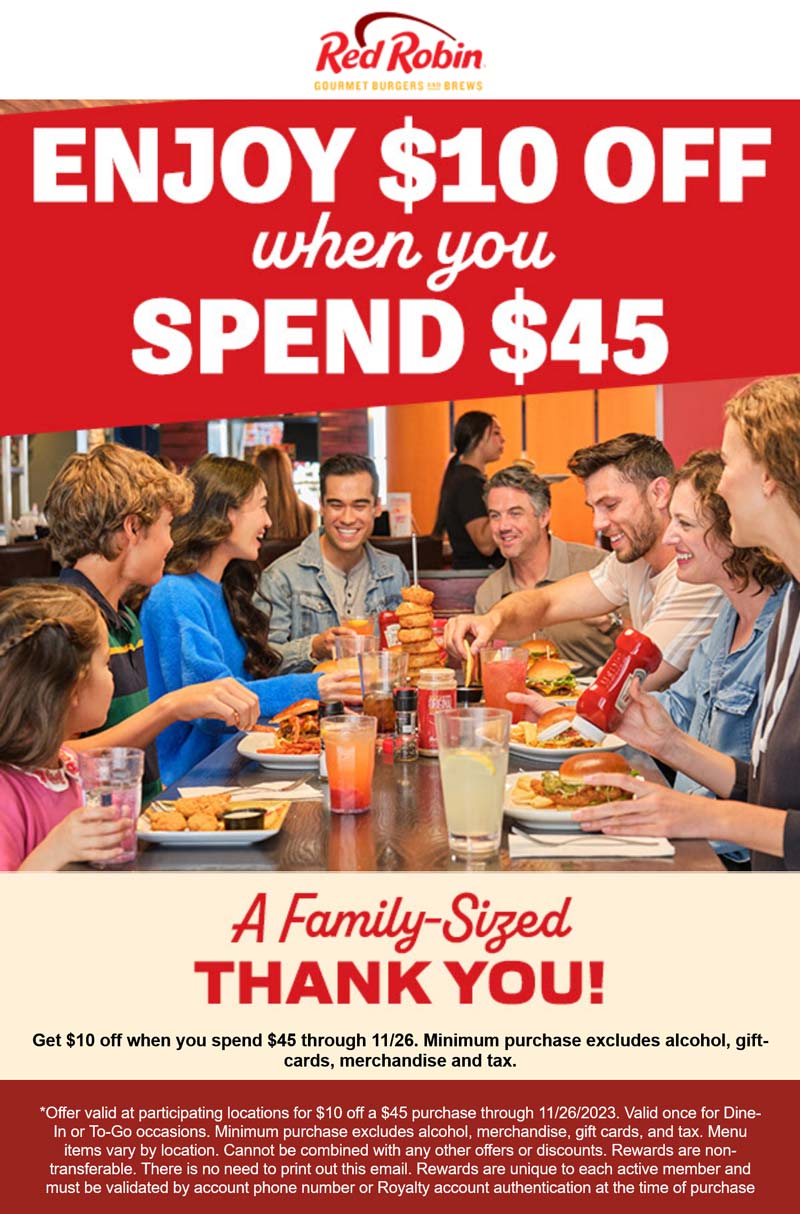 Red Robin restaurants Coupon  $10 off $45 logged in at Red Robin restaurants #redrobin 