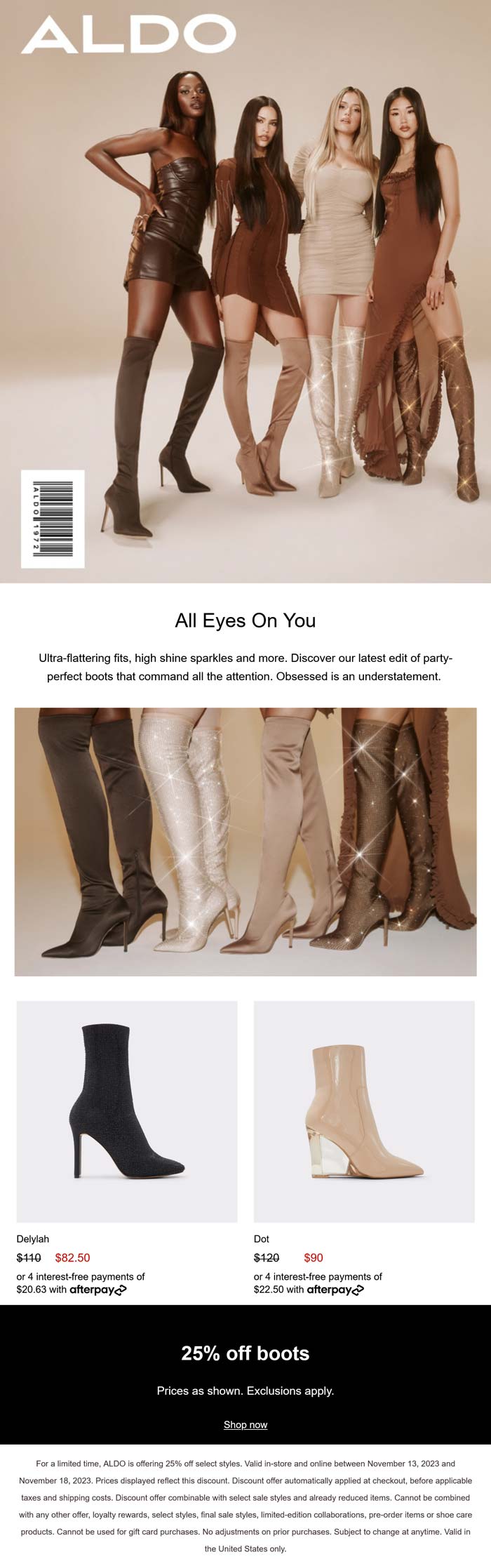 ALDO stores Coupon  25% off boots at ALDO, ditto online #aldo 