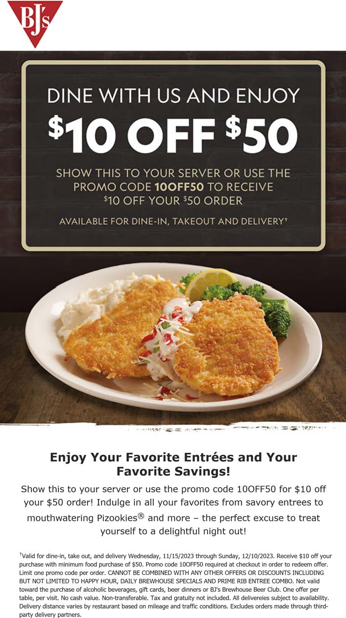 BJs Restaurant restaurants Coupon  $10 off $50 at BJs Restaurant, or online via promo coe 10OFF50 #bjsrestaurant 