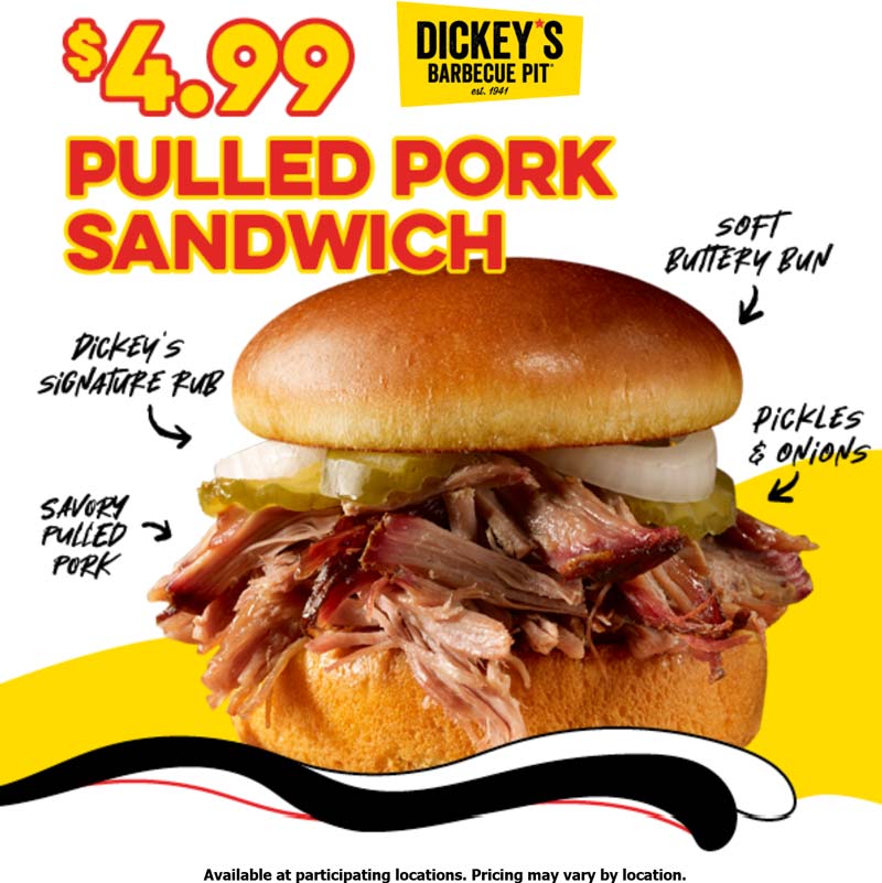 Dickeys Barbecue Pit restaurants Coupon  $5 pulled pork sandwich today at Dickeys Barbecue Pit #dickeysbarbecuepit 