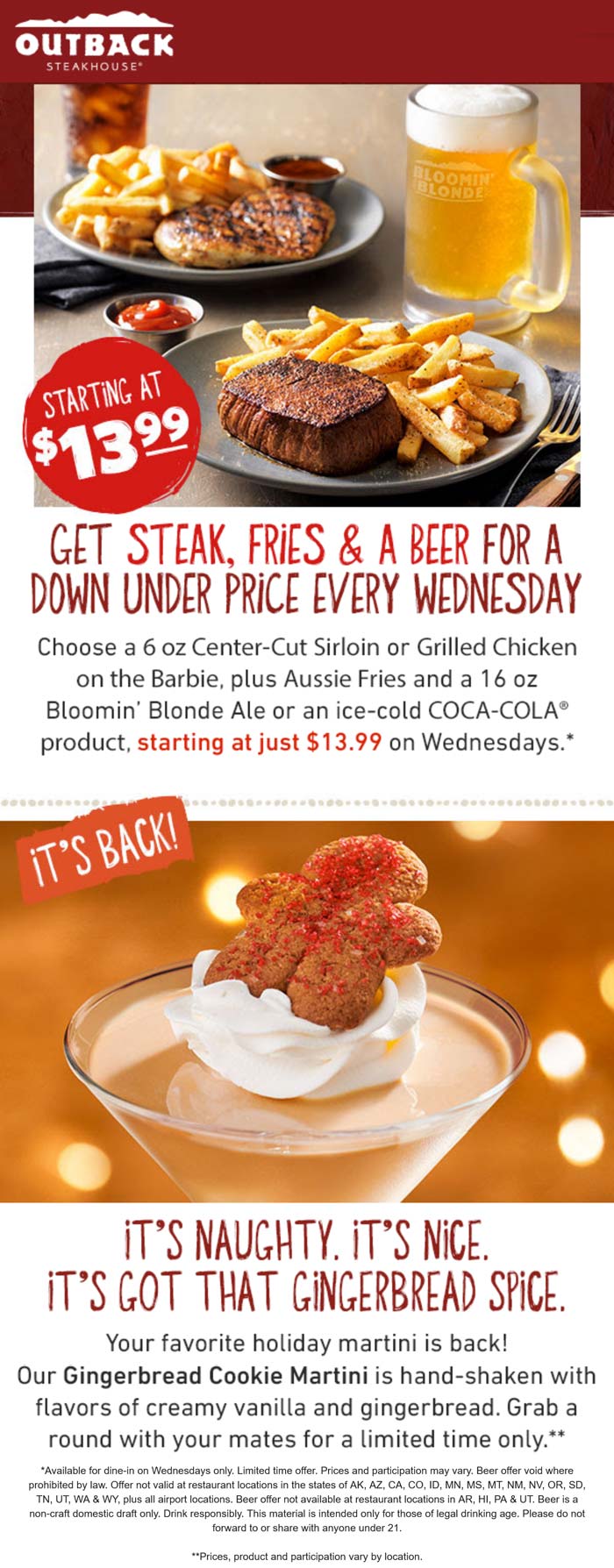 Steak + fries + beer = $14 today at Outback Steakhouse #outbacksteakhouse