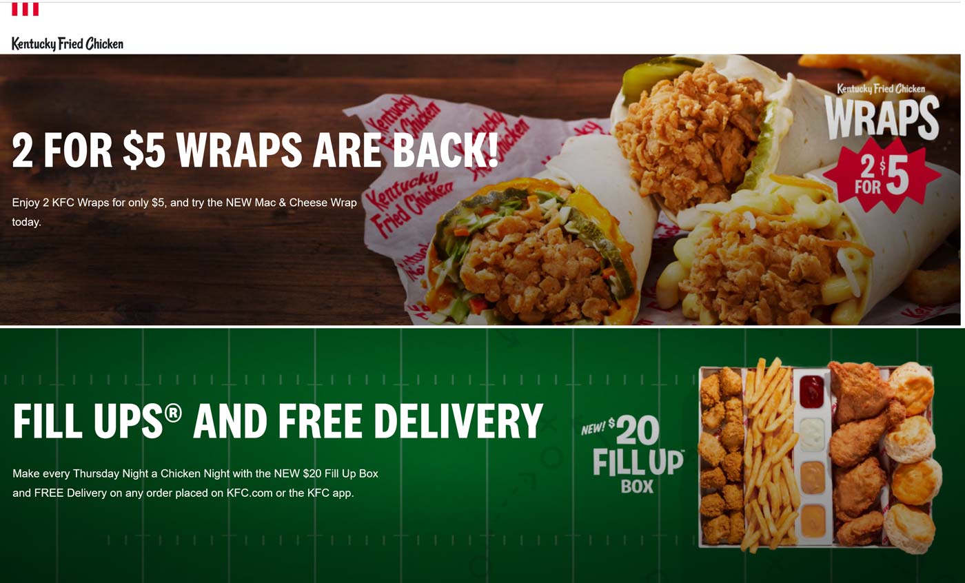 KFC restaurants Coupon  2 chicken wraps for $5 & free delivery on $20 fill up box at KFC #kfc 
