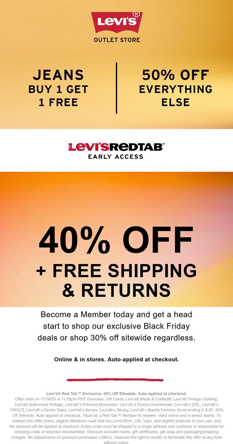 Levis Outlet Store stores Coupon  Second jeans free & 50% off everything at Levis Outlet Store #levisoutletstore 