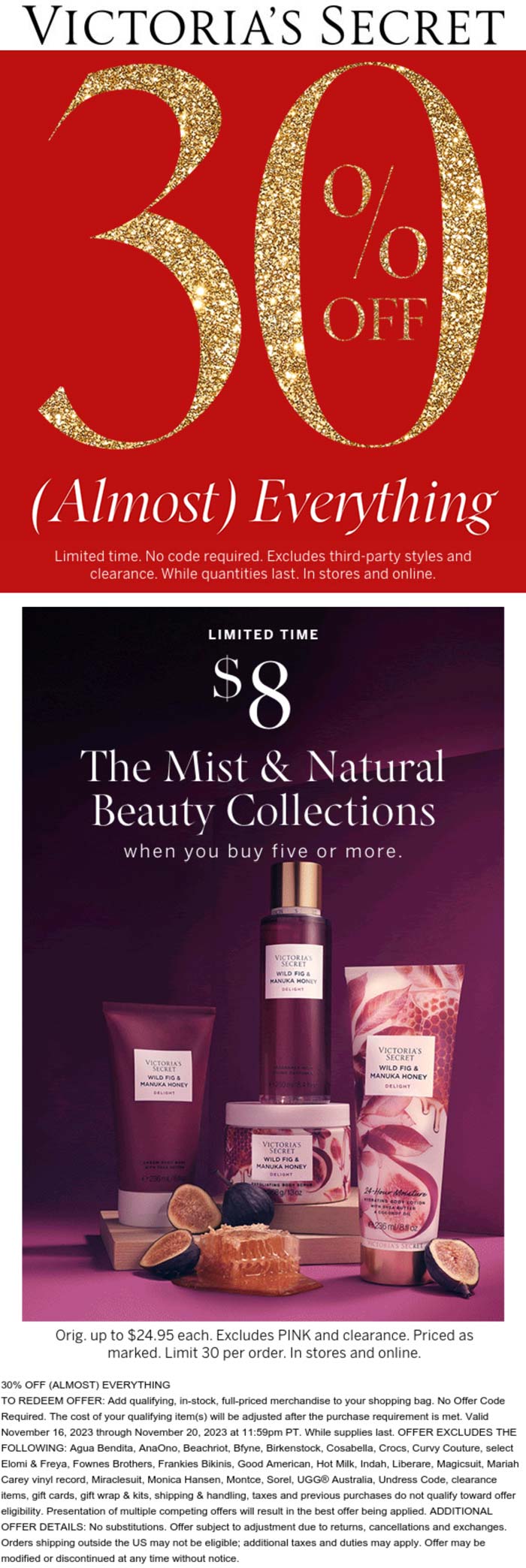 Victorias Secret stores Coupon  30% off & $8 lotions + mists at Victorias Secret, ditto online #victoriassecret 