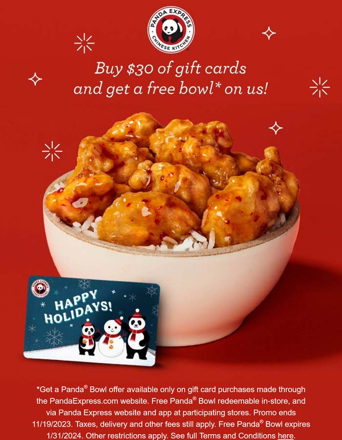 Panda Express restaurants Coupon  Free bowl with your $30 in online gift cards at Panda Express restaurants #pandaexpress 