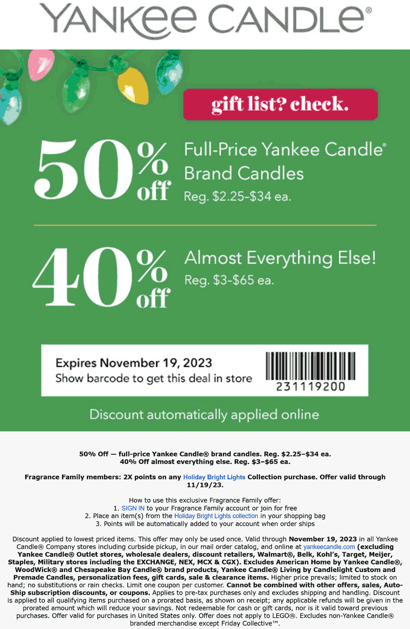 Yankee Candle stores Coupon  50% off candles & 40% off everything else at Yankee Candle, ditto online #yankeecandle 