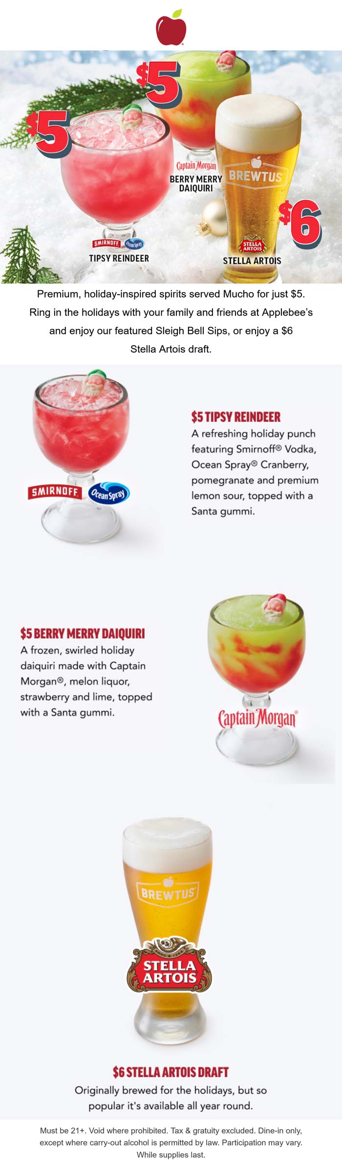 Applebees restaurants Coupon  $5 Sleigh Bell Sips drinks or $6 Stella Artois drafts at Applebees restaurants #applebees 