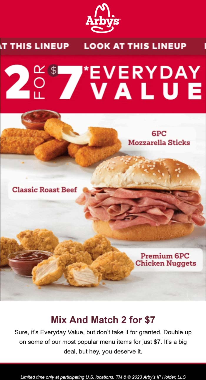 Arbys restaurants Coupon  2 roast beef sandwiches or 6pc nugget or mozzarella sticks = $7 at Arbys #arbys 