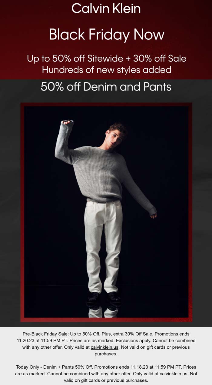 Calvin Klein stores Coupon  50% off pants & denim today online at Calvin Klein #calvinklein 