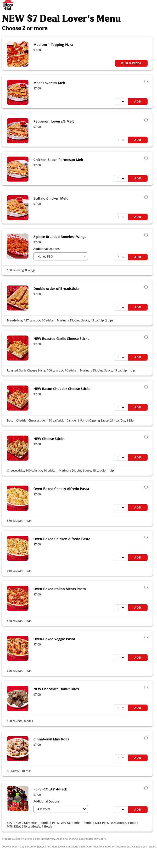 Pizza Hut restaurants Coupon  17 various $7 items like pizza, melts, wings & pasta on the deals menu at Pizza Hut #pizzahut 